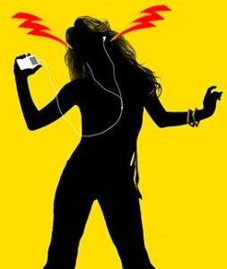 Silhouette dancing with headphones, yellow background.
