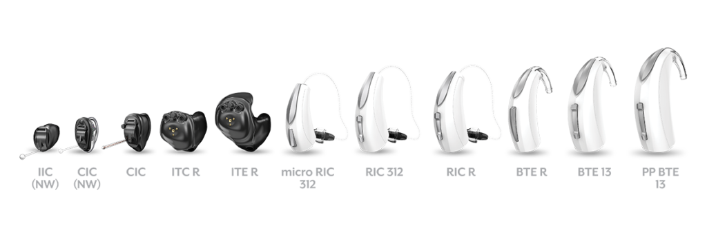 Various types of hearing aids displayed.
